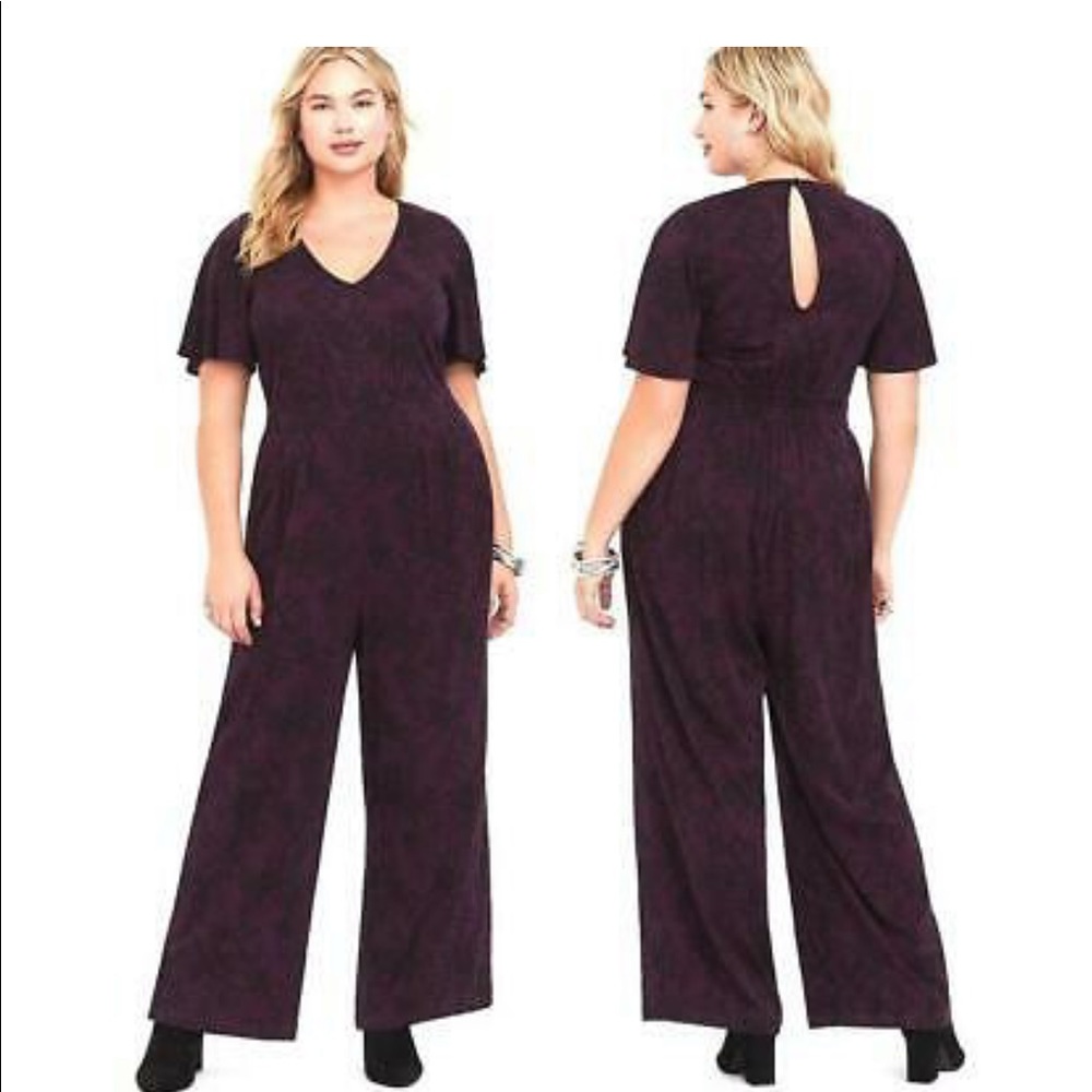 Torrid Purple/Black Lace Print Challis Jumpsuit